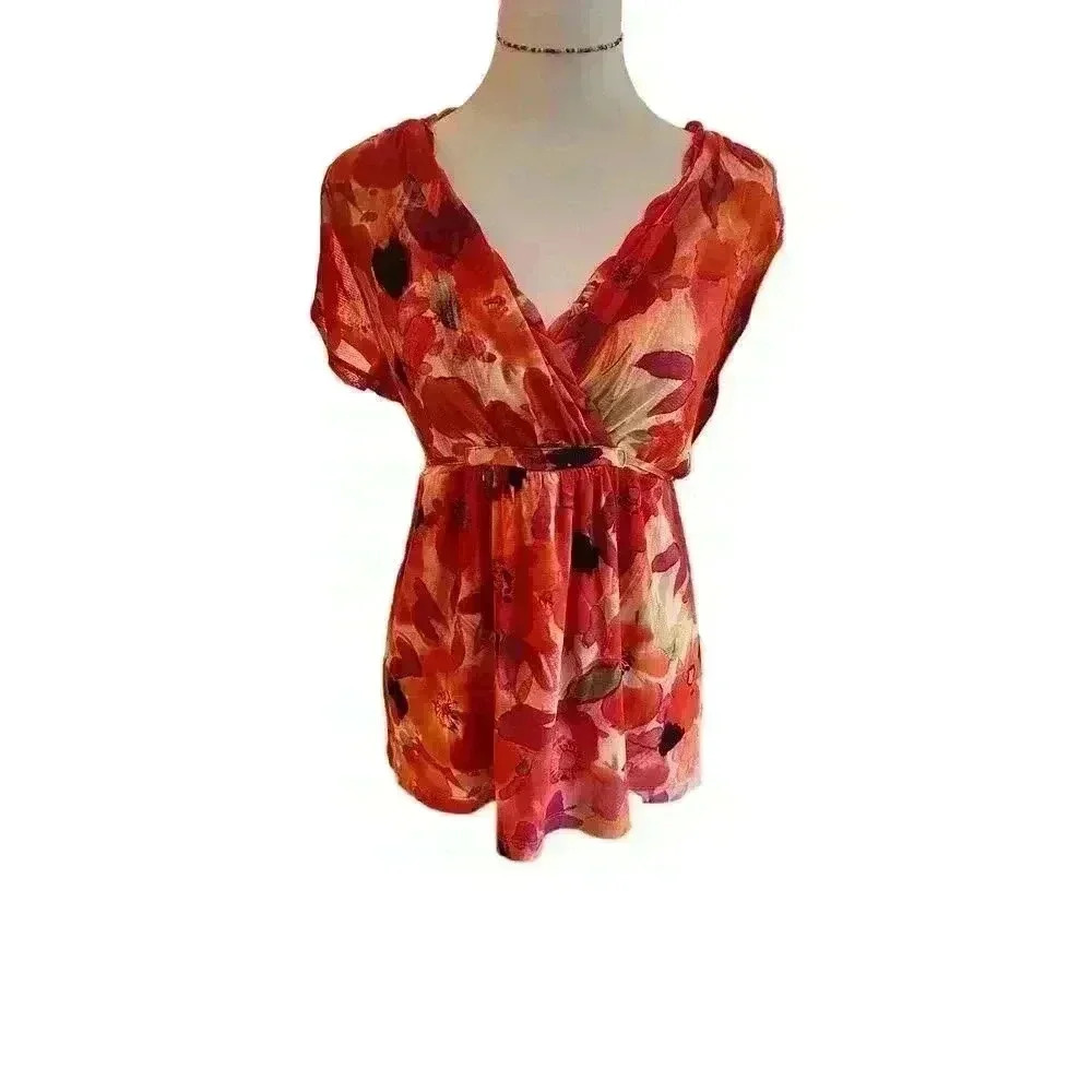 AXCESS l Y2K 90s style floral babydoll top with tie waist | SIZE LARGE - Picture 2 of 7